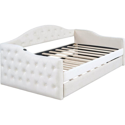 Twin Size Tufted Upholstered Daybed with Trundle, Velvet Sofabed with USB&Type-C Charging Ports,No Box-spring Needed, Beige