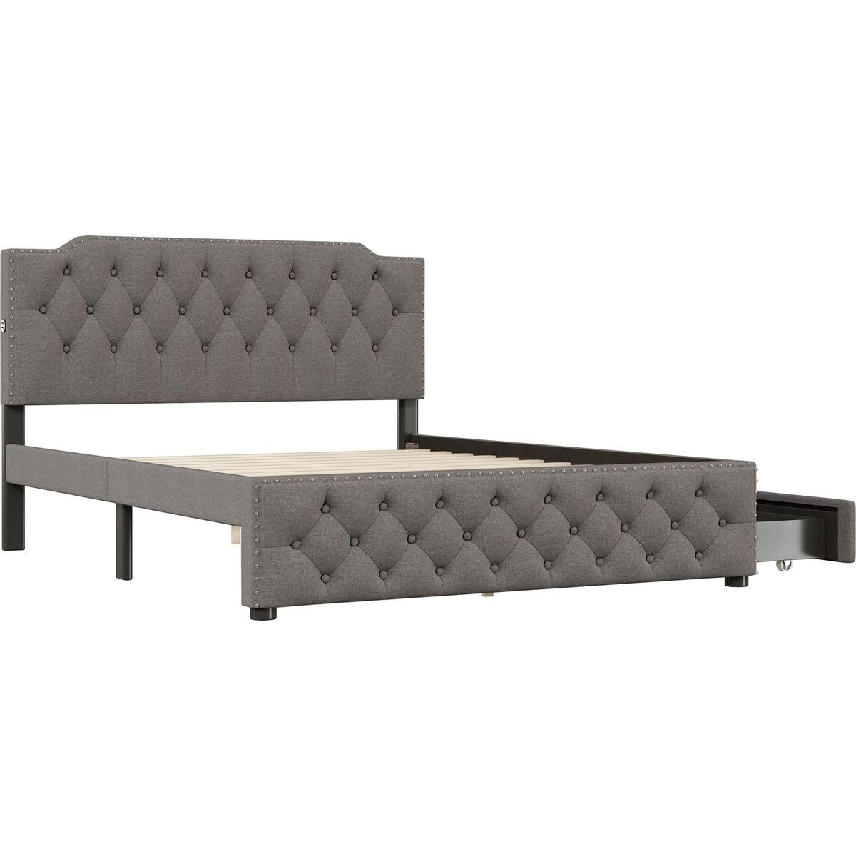Queen Size Upholstered Platform Bed with 2 Drawers and 2 sets of USB Ports on each side, Linen Fabric, Gray