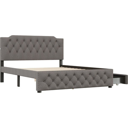 Queen Size Upholstered Platform Bed with 2 Drawers and 2 sets of USB Ports on each side, Linen Fabric, Gray