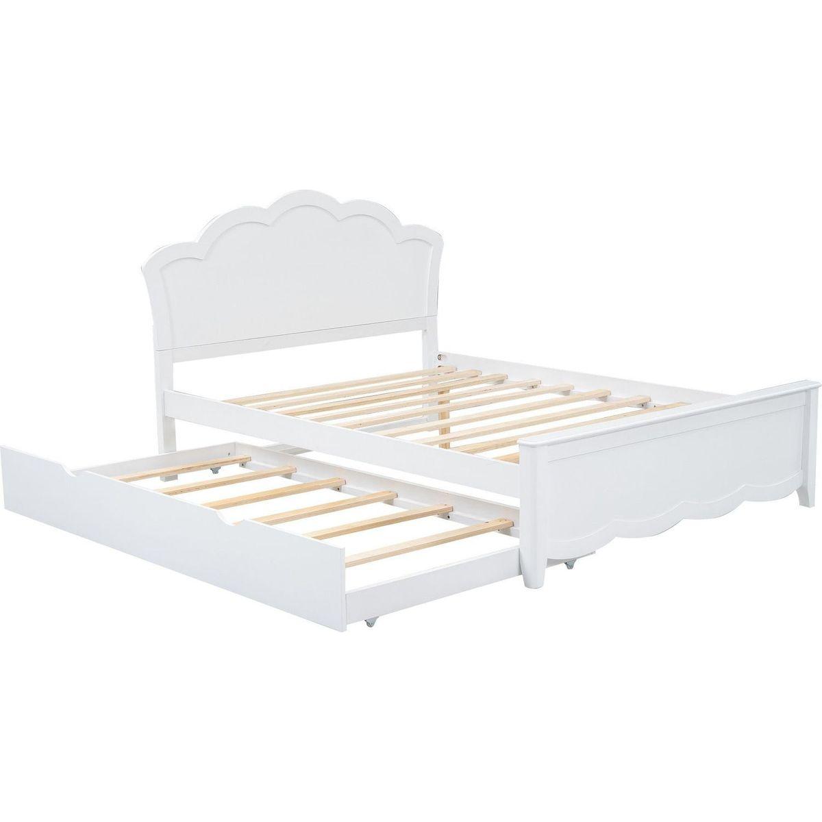 Full Size Wood Platform Bed with Headboard and Twin Size Trundle, White - Streamdale Furniture