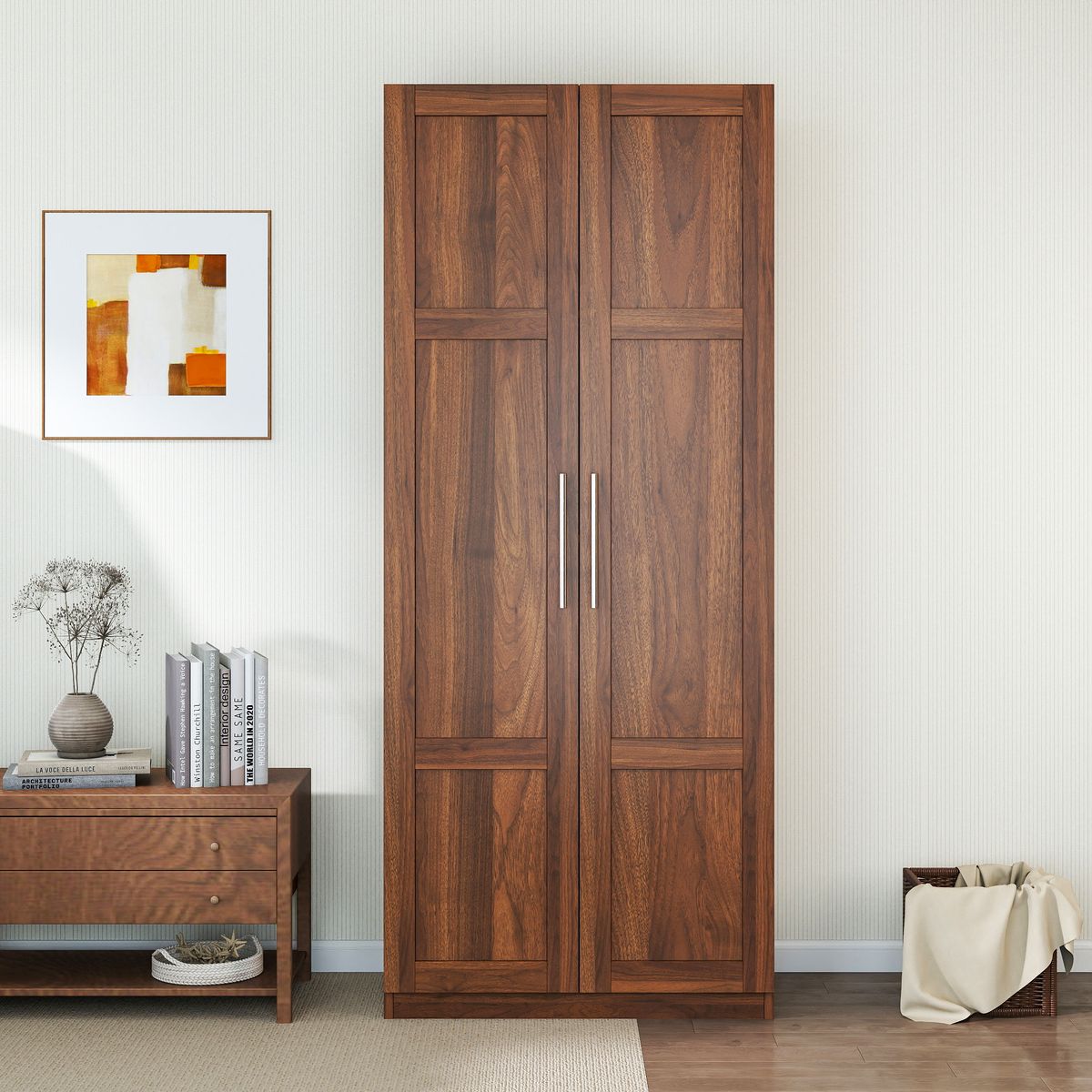 High wardrobe and kitchen cabinet with 2 doors and 3 partitions to separate 4 storage spaces
