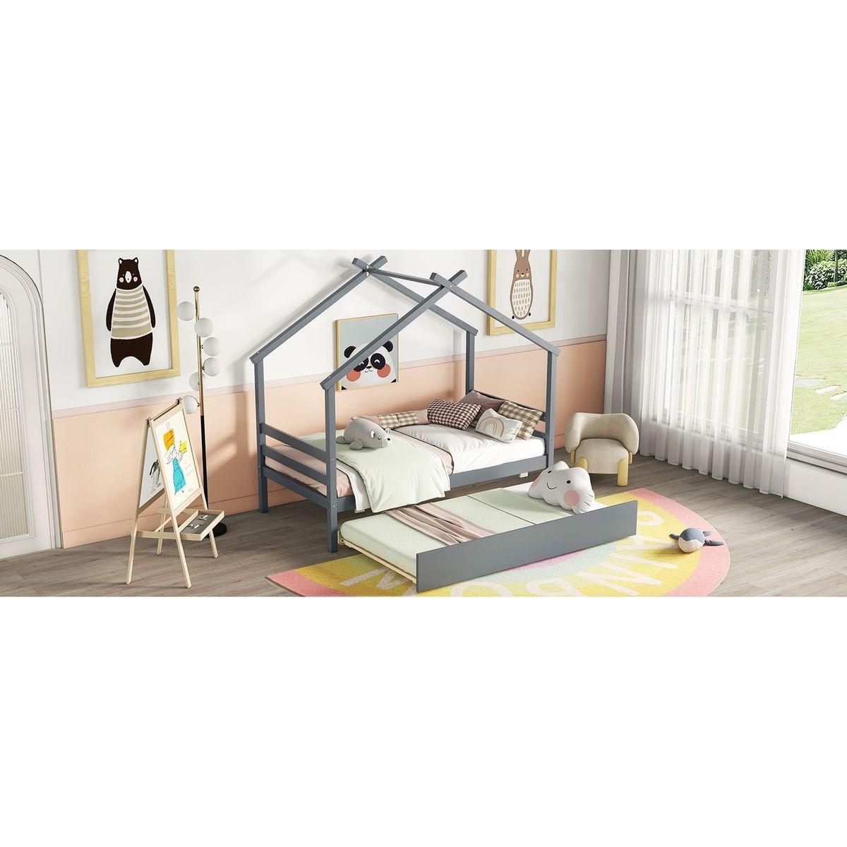 Twin Size House-shaped Bed with Trundle,Grey