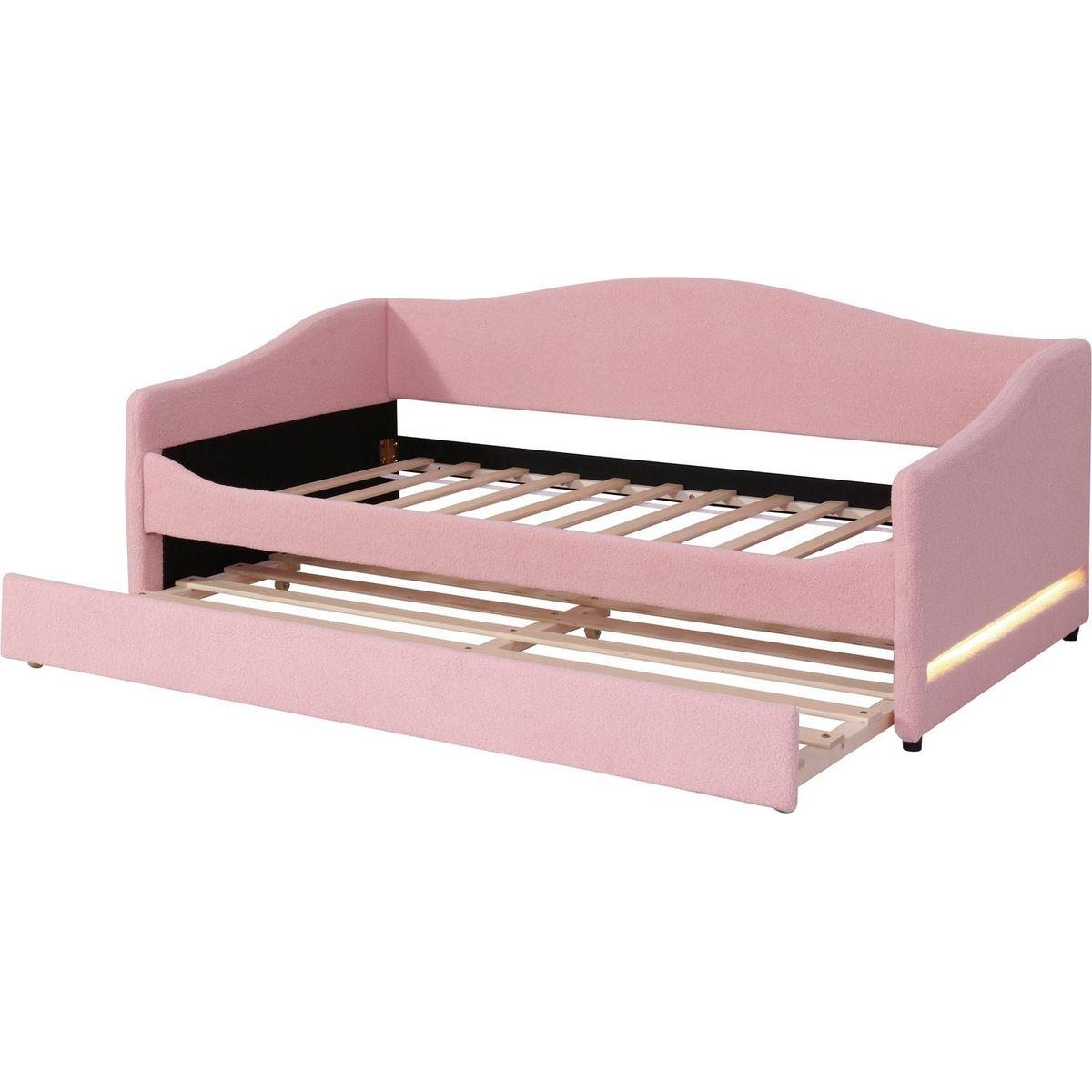 Teddy Fleece Twin Size Upholstered Daybed with Light and Trundle, Pink