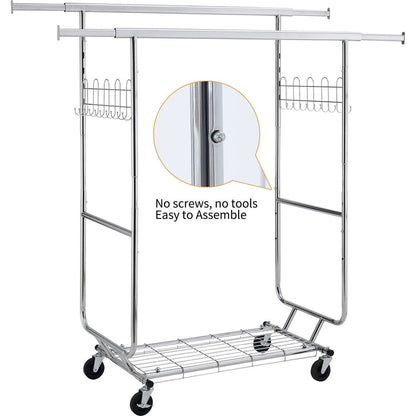 Double Clothing Garment Rack with Shelves Capacity 800lbs Clothing Racks on Wheels Rolling Clothes Rack for Hanging Clothes Heavy Duty Portable Collapsible Commercial Garment Rack