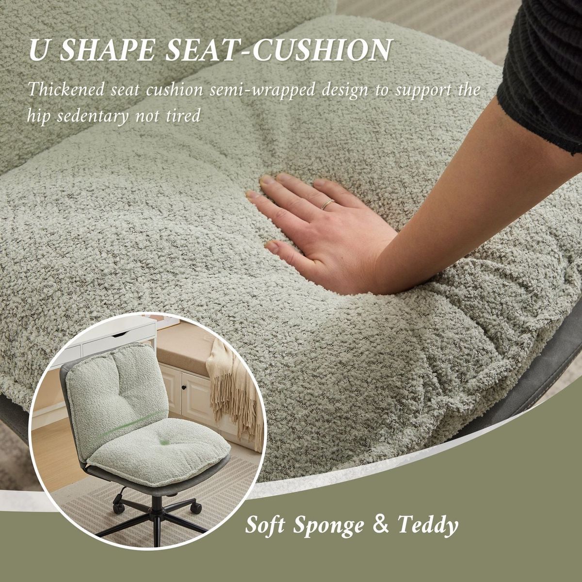 Oversize Seat Cirss Cross Chair with Wheels, Elegant Design Computer Chair, Adjustable Height 360 Rolling Swivel Home Office Chair for Small Space, Dressing Room, Living Room (GRAY+GREEN)