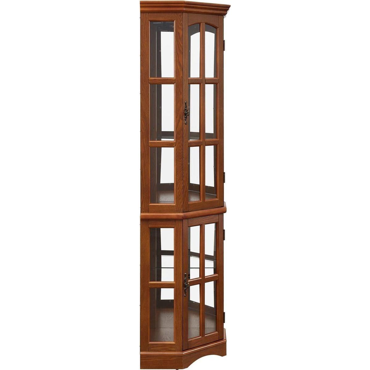 Corner Curio Cabinet with 5 Shelves and Lighting System, Oak