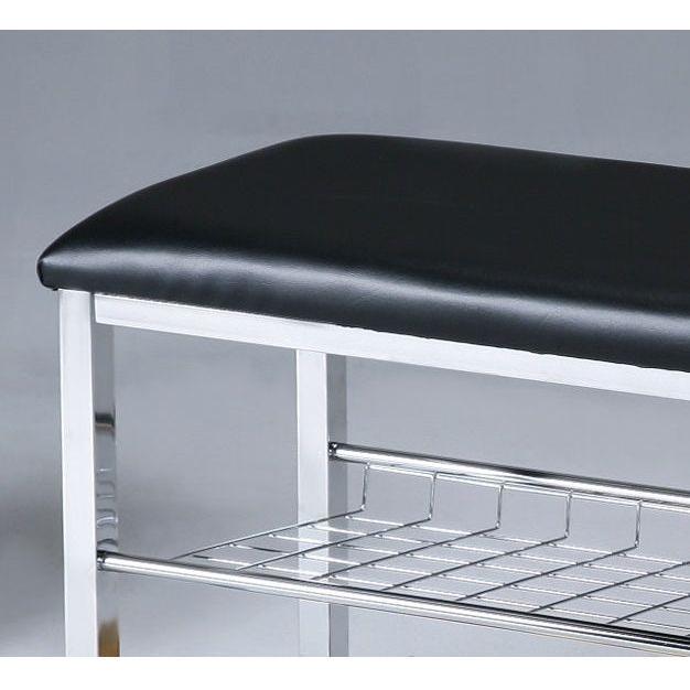 Metal Shoe Bench with Black Faux Leather Seat, Silver