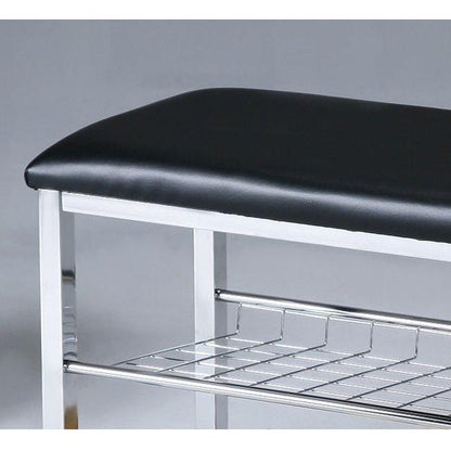 Metal Shoe Bench with Black Faux Leather Seat, Silver
