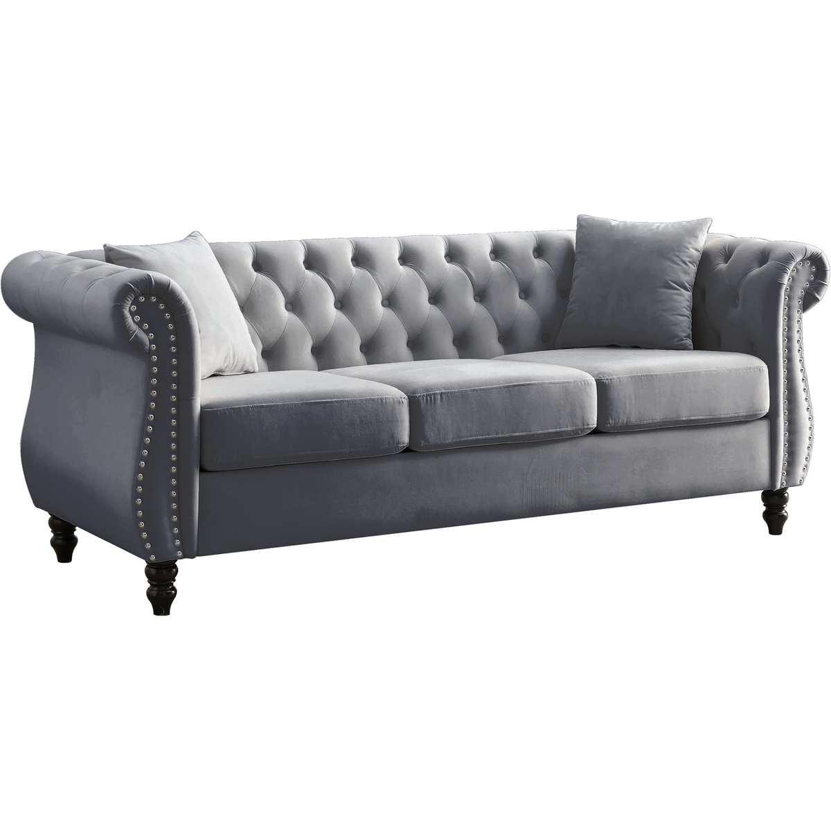 80" Chesterfield Sofa Grey Velvet for Living Room, 3 Seater Sofa Tufted Couch with Rolled Arms and Nailhead for Living Room, Bedroom, Office, Apartment, two pillows