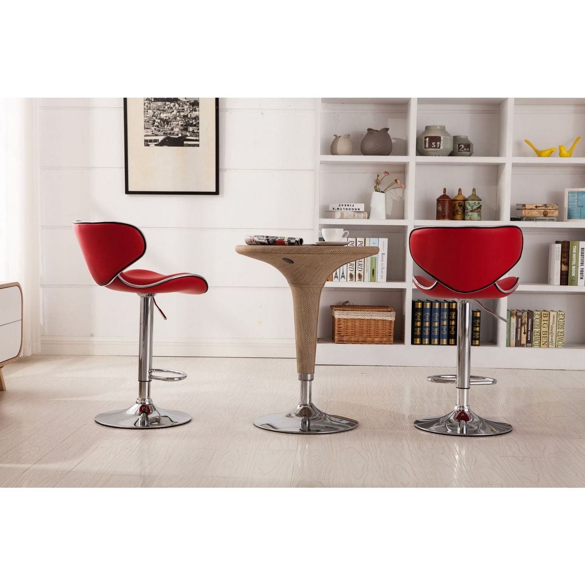 Masaccio Upholstery Airlift Adjustable Swivel Barstool with Chrome Base, Set of 2, Red - Streamdale Furniture