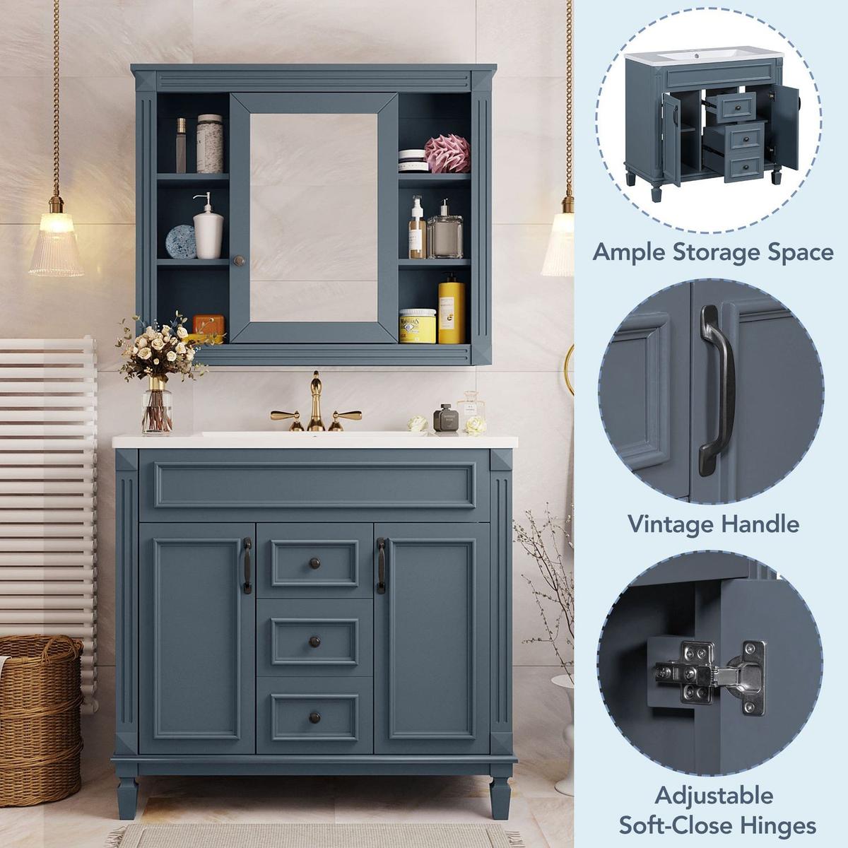 36" Bathroom Vanity with Top Sink, Royal Blue Mirror Cabinet, Modern Bathroom Storage Cabinet with 2 Soft Closing Doors and 2 Drawers, Single Sink Bathroom Vanity