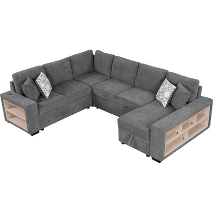 109" U-shaped Sectional Sofa Pull-out Sofa Bed with Two USB Ports, a Storage Chaise Lounge and Four Back Pillows for Living Room, Grey