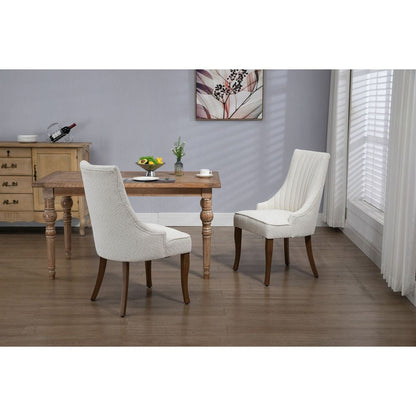 Exquisite White Boucle Upholstered Strip Back Dining Chair with Solid Wood Legs 2 Pcs