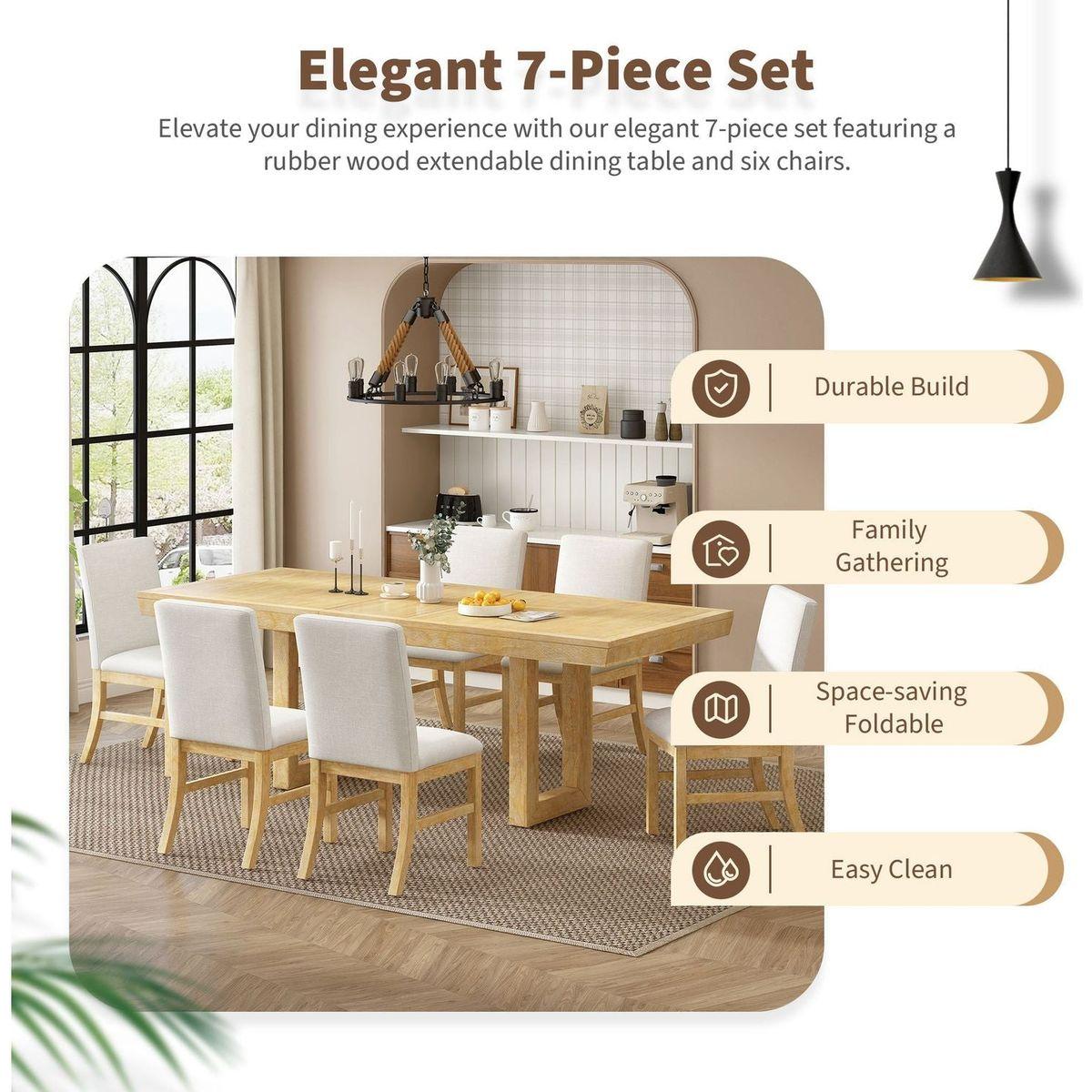 Traditional 7-Piece 72" Extendable Dining Table Set with 12inch Butterfly Leaf and 6 Upholstered Dining Table Set, Natural