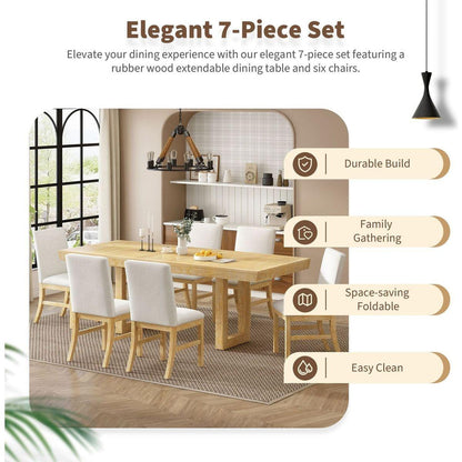 Traditional 7-Piece 72" Extendable Dining Table Set with 12inch Butterfly Leaf and 6 Upholstered Dining Table Set, Natural