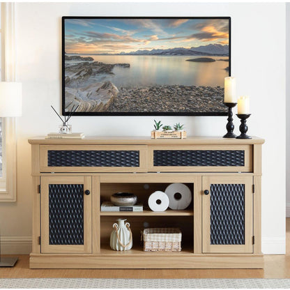 Embossed Pattern TV Stand, TV and Media Console with Open and Closed Storage Space and sliding door for Living Room & Bedroom, LIGHT OAK, 58.27'W*15.35'W*31.7H