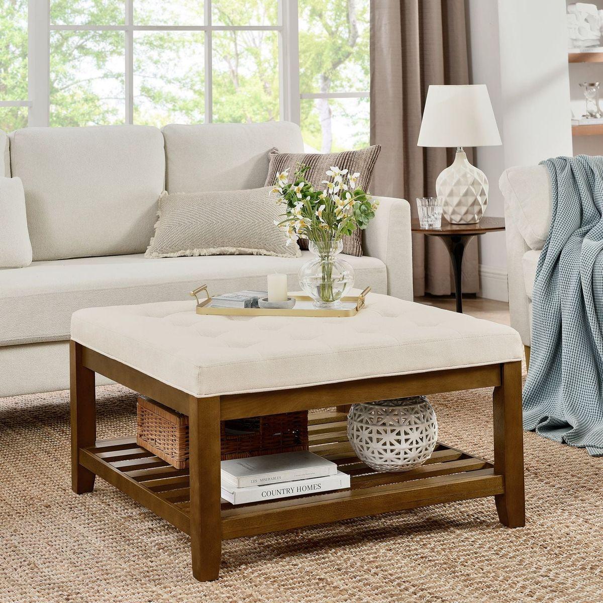 Upholstered Coffee Table Tufted Linen Large Square Ottoman with Beech Wood Shelf and Frame, Oversized Footrest Ottoman for Living Room,Office,Bedroom,Outdoor IVORY