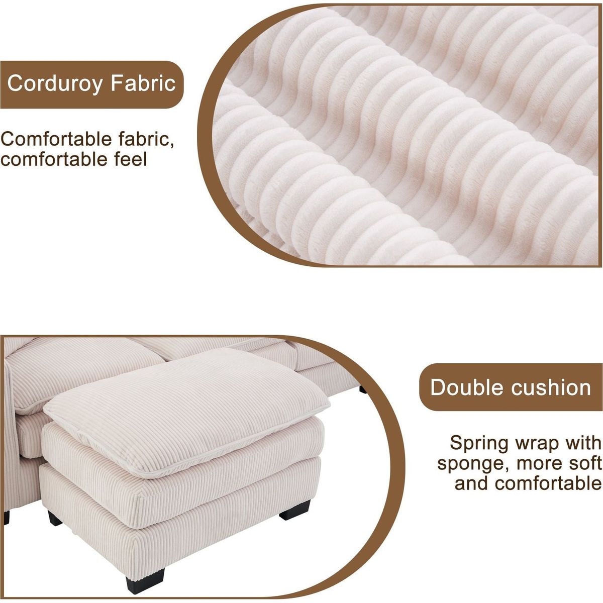 Modern U Shaped 6-seat Sectional Sofa Couch with one Ottoman and three toss pillows, Modular Sofa for Living Room,Corduroy sofa