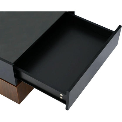 Multi-functional Square 360Rotating Coffee Table with 2 Drawers, High Gloss 2-Tier Center Table with Swivel Tabletop and Storage, Walnut Table Frame Side Table for Living Room, Black