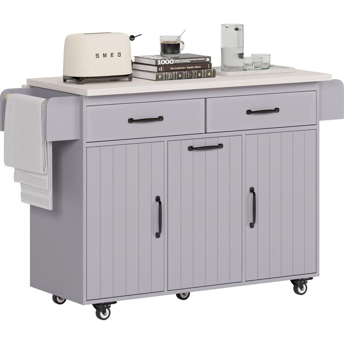 Kitchen Island with Trash Can Storage Cabinet, Kitchen Cart with Drop Leaf, Spice Rack, Towel Rack and Drawer, Rolling Kitchen Island on Wheels with Adjustable Shelf, Grey