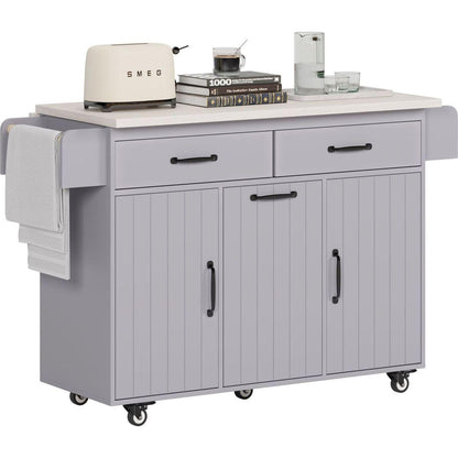 Kitchen Island with Trash Can Storage Cabinet, Kitchen Cart with Drop Leaf, Spice Rack, Towel Rack and Drawer, Rolling Kitchen Island on Wheels with Adjustable Shelf, Grey
