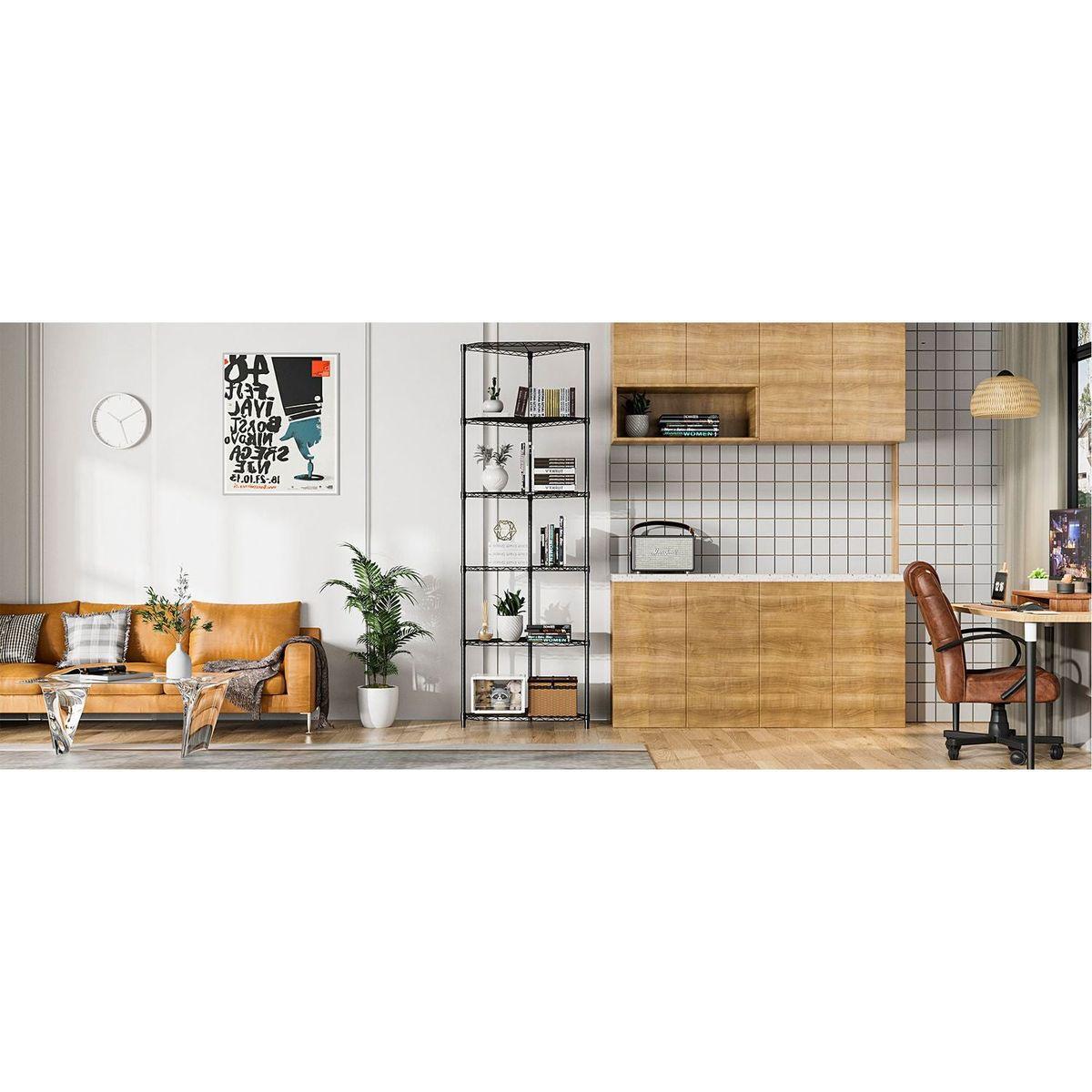 6 Tier Shelf Corner Wire Shelf Rack Pentagonal Shelves Adjustable Metal Heavy Duty Free Standing Corner Storage Display Chrome Rack for Bathroom, Living Room, Kitchen - Black