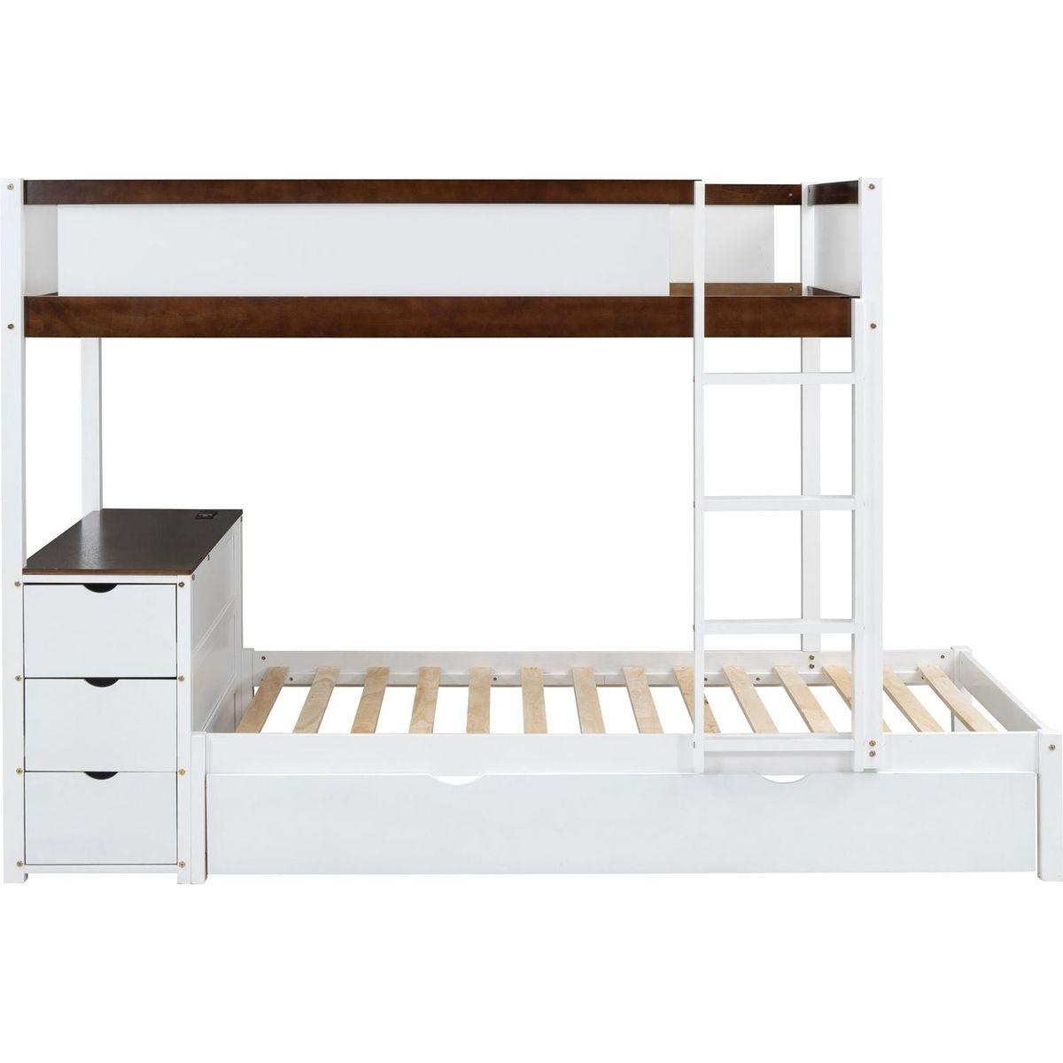 Twin-Over-Twin Bunk Bed with Twin size Trundle, Storage and Desk, White+Walnut