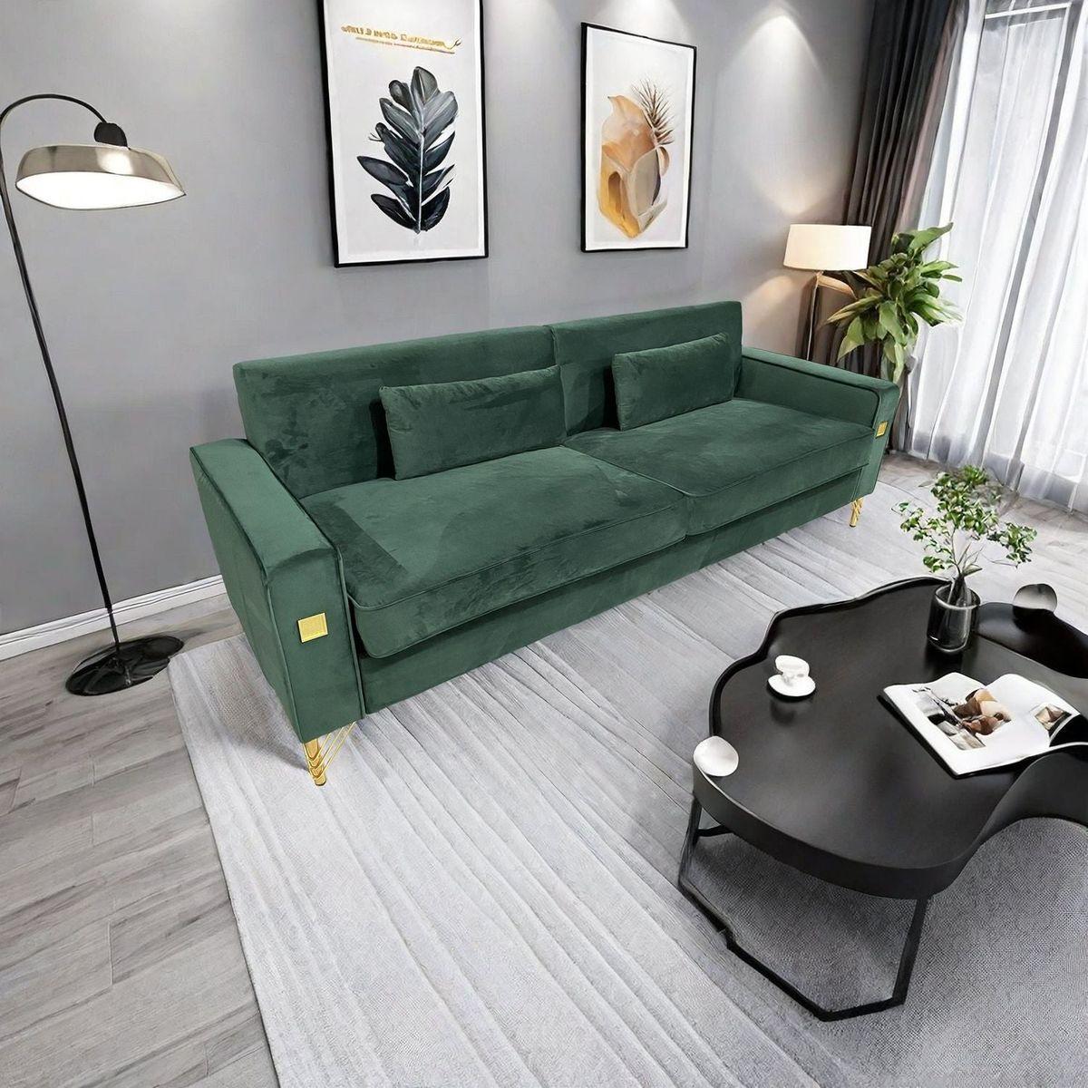 FX-P18-RG2(SOFA) Luxury Emerald Green Velvet Sofa with Gold Accents - Modern 3-Seat Couch with Plush Cushions, Perfect for Living Room and Office Decor