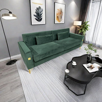 FX-P18-RG2(SOFA) Luxury Emerald Green Velvet Sofa with Gold Accents - Modern 3-Seat Couch with Plush Cushions, Perfect for Living Room and Office Decor