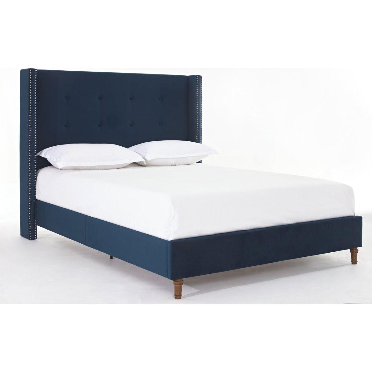 Upholstered Queen Bed / 54" High Headboard / Traditional Hand Buttoned Tufting / Nailhead Trim Wingback / No Box Spring Needed / Easy Assembly / Blue Velvet