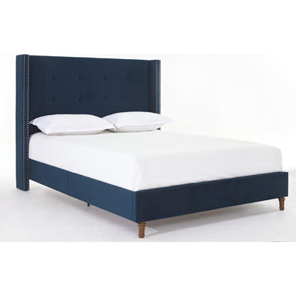 Upholstered Queen Bed / 54" High Headboard / Traditional Hand Buttoned Tufting / Nailhead Trim Wingback / No Box Spring Needed / Easy Assembly / Blue Velvet