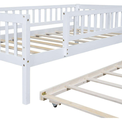 Twin Size Wood Daybed with Trundle and Fence Guardrails, White