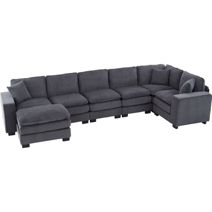 Modern U Shaped 6-seat Sectional Sofa Couch with one Ottoman and three toss pillows, Modular Sofa for Living Room,Corduroy sofa
