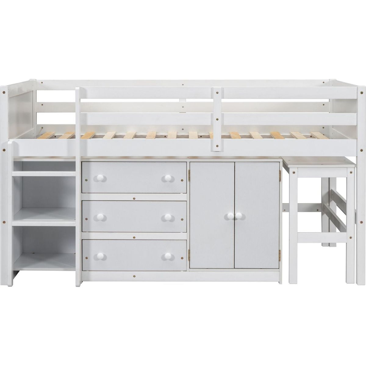 Twin Size Low Loft Bed With Pull-Out Desk, Drawers, Cabinet, and Shelves for White Color