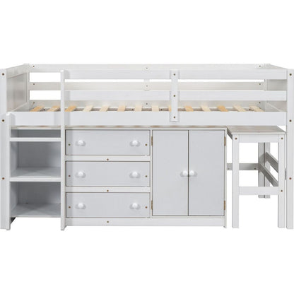 Twin Size Low Loft Bed With Pull-Out Desk, Drawers, Cabinet, and Shelves for White Color