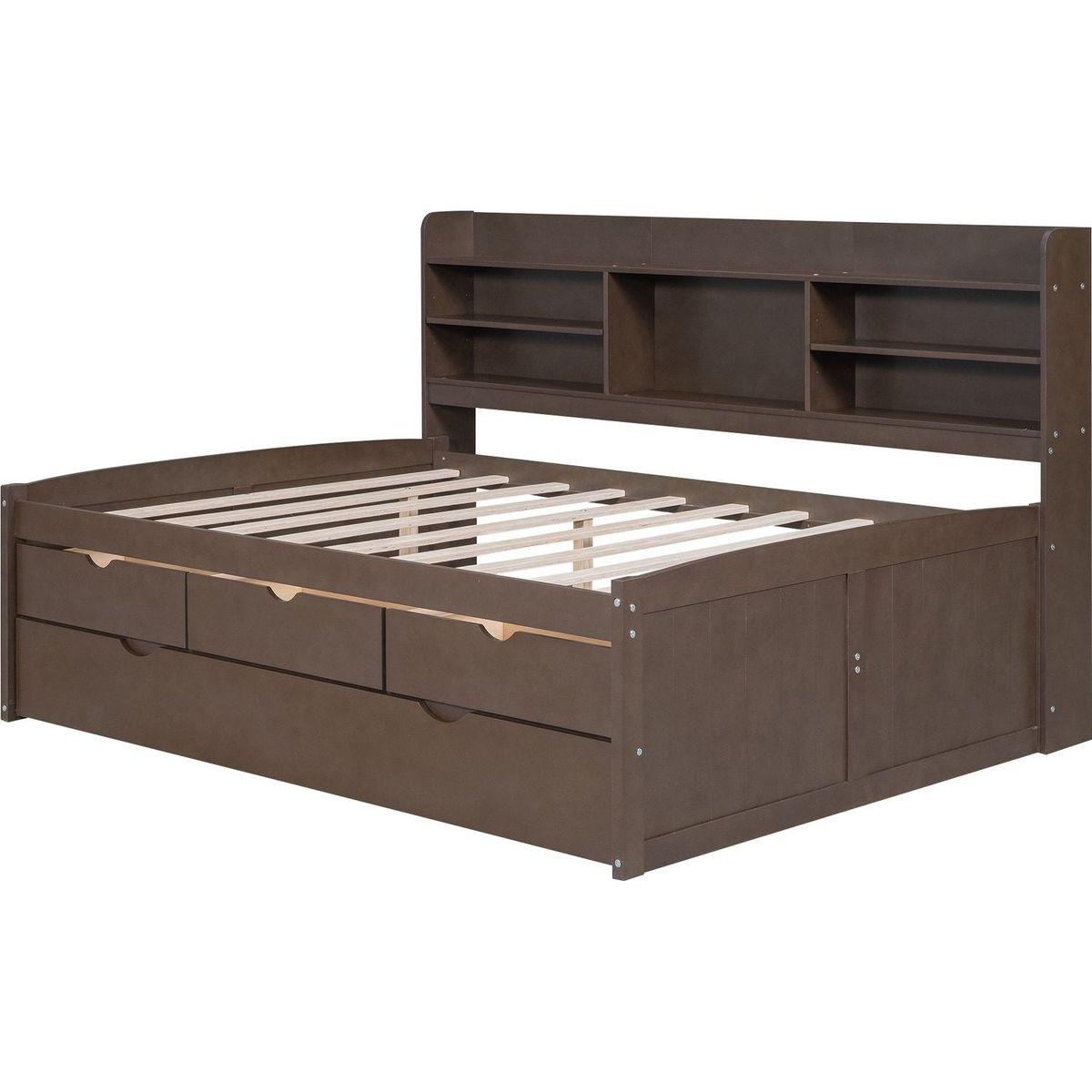 Full Size Wooden Captain Bed with Built-in Bookshelves,Three Storage Drawers and Trundle,Antique Grey - Streamdale Furniture