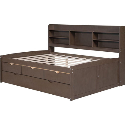 Full Size Wooden Captain Bed with Built-in Bookshelves,Three Storage Drawers and Trundle,Antique Grey - Streamdale Furniture