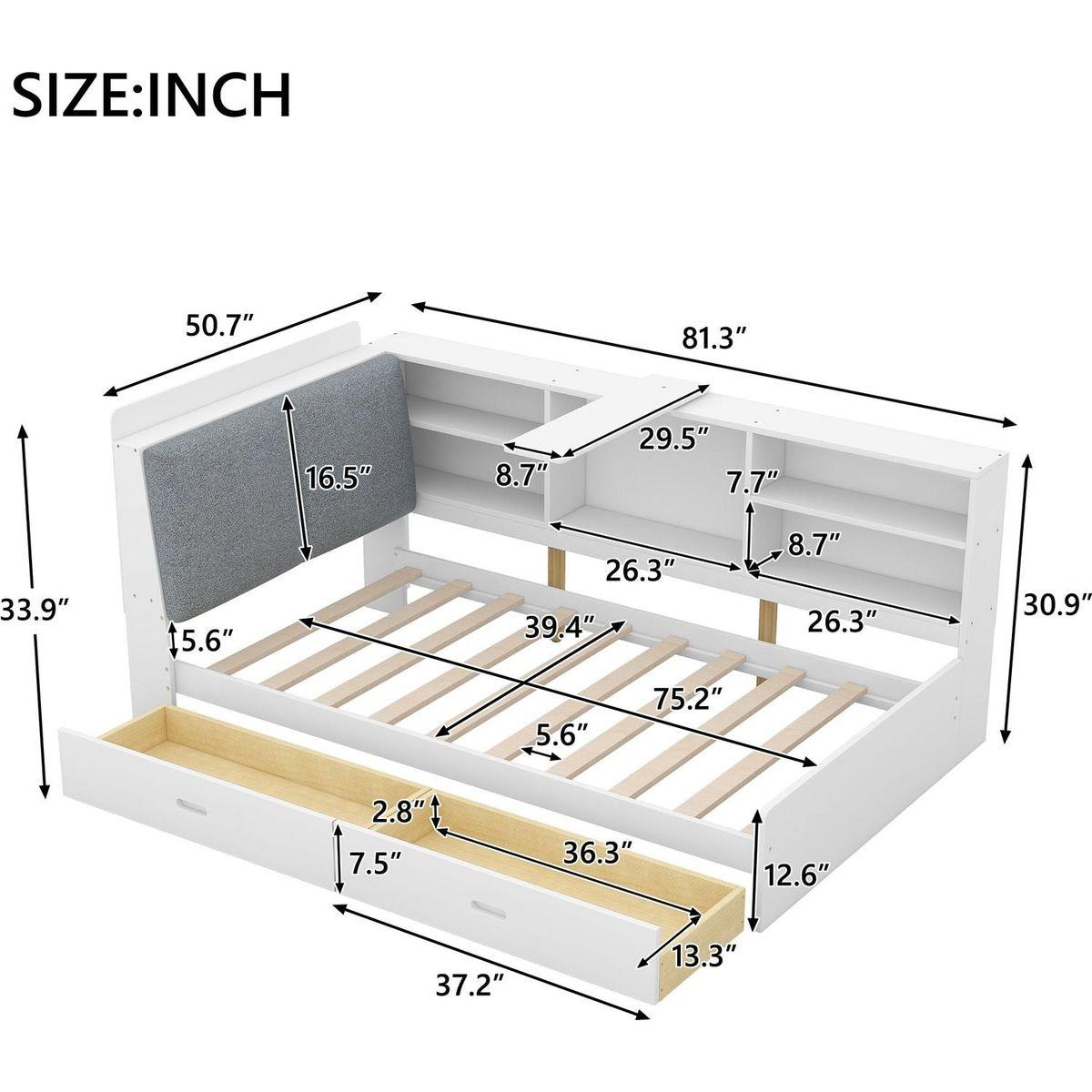 Wood Twin Size platform bed with Storage Headboard, Shelves and 2 Drawers, White