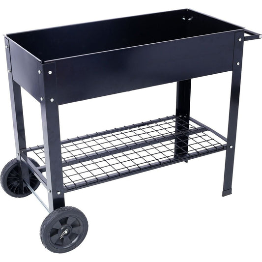 Products Elevated Mobile Raised Ergonomic Metal Planter Garden Bed for Backyard, Patio w/Wheels, Lower Shelf, black