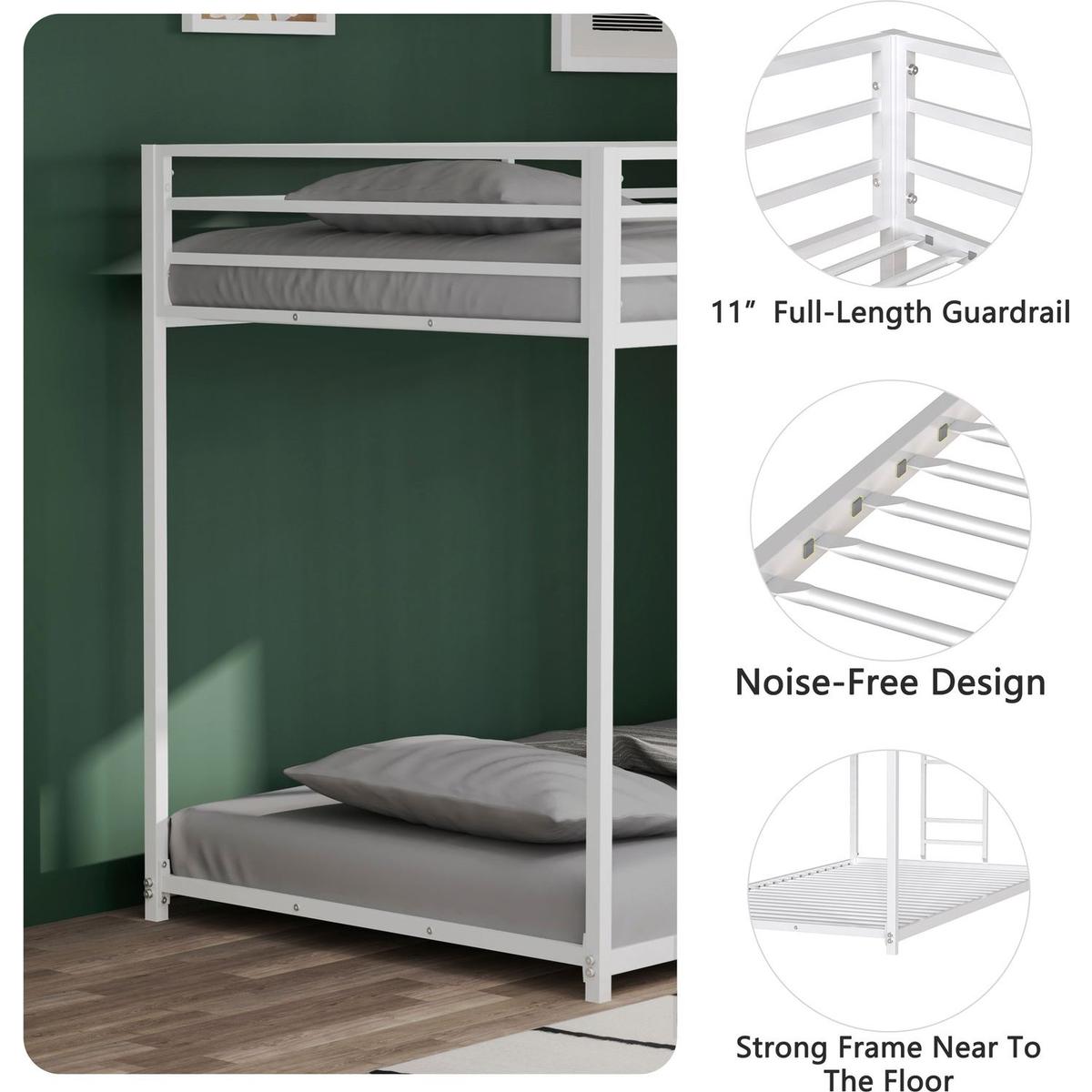 Adam Sturdy Twin over Twin Metal Bunk White for Kids and Adult, Low Profile and Easy Climbing with Stable Ladder