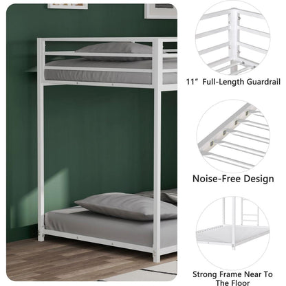 Adam Sturdy Twin over Twin Metal Bunk White for Kids and Adult, Low Profile and Easy Climbing with Stable Ladder