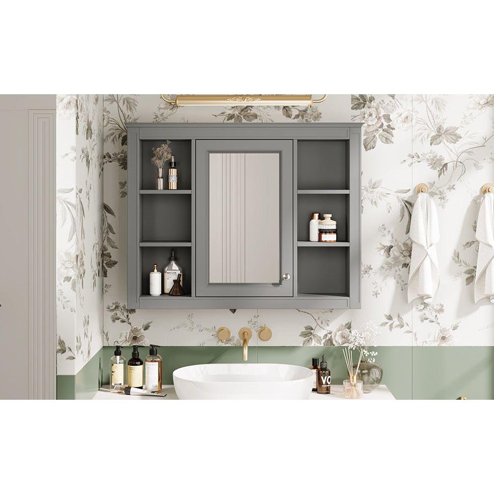 35" x 27.5" Medicine Cabinet, Wall Mounted Bathroom Storage Cabinet, Modern Bathroom Wall Cabinet with Mirror, Mirror Cabinet with 6 Open Shelves (Not Include Bathroom Vanity)
