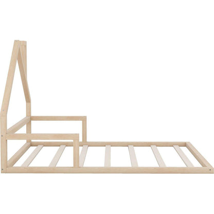 Full Size Wood Floor Bed with House-shaped Headboard, Natural