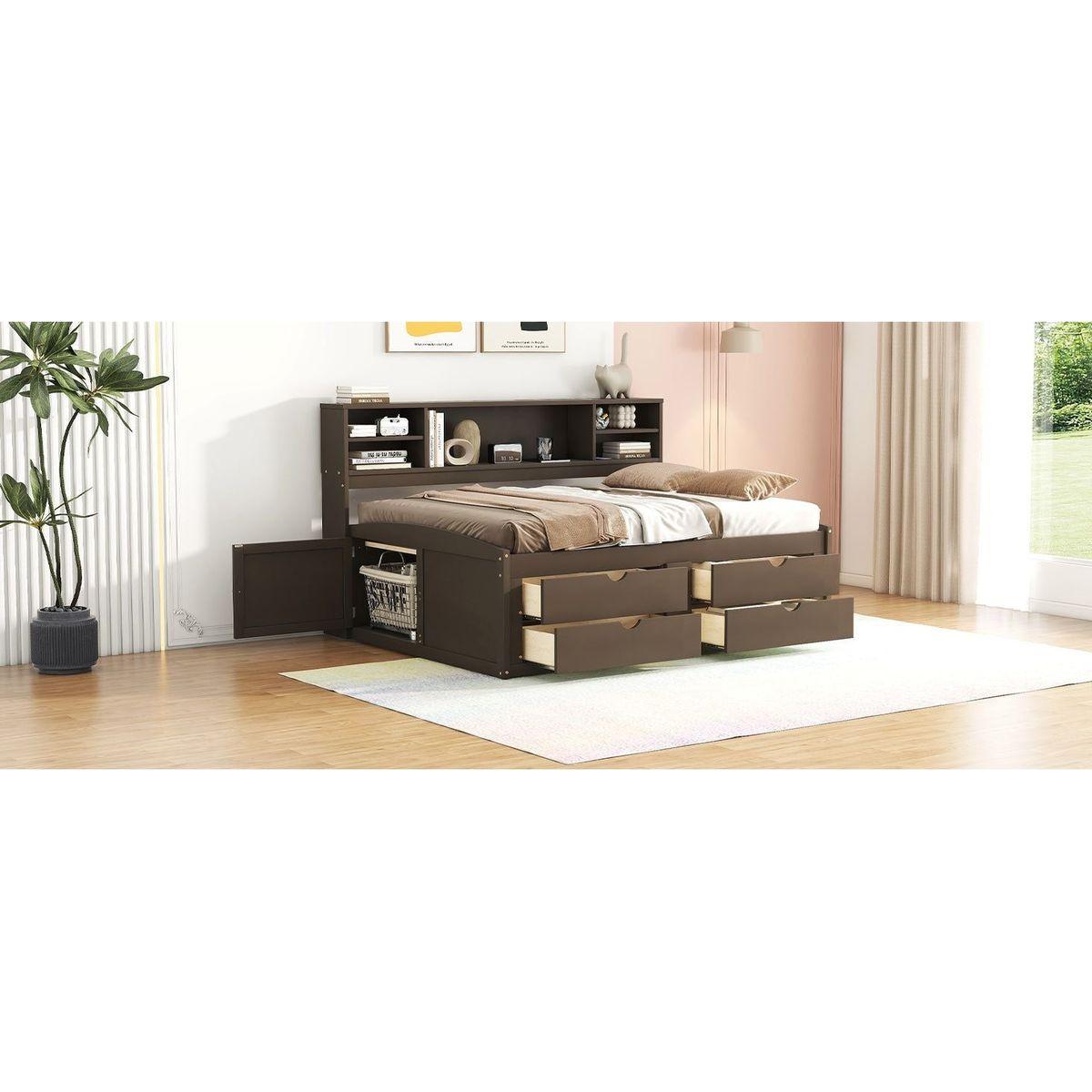 Full Size Wood Daybed with 2 Bedside Cabinets, Upper Shelves and 4 Drawers, Antique Brown
