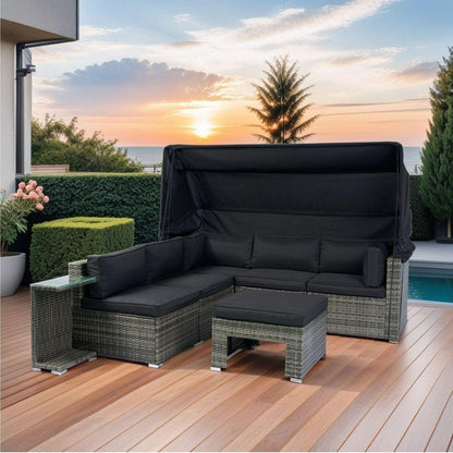 7-Piece Patio Furniture Set w/Retractable Canopy Wicker Rattan Sectional Sofa Set Patio Furniture with Washable Cushions for Lawn, Garden, Backyard, Poolside Grey wicker + Black Cushion