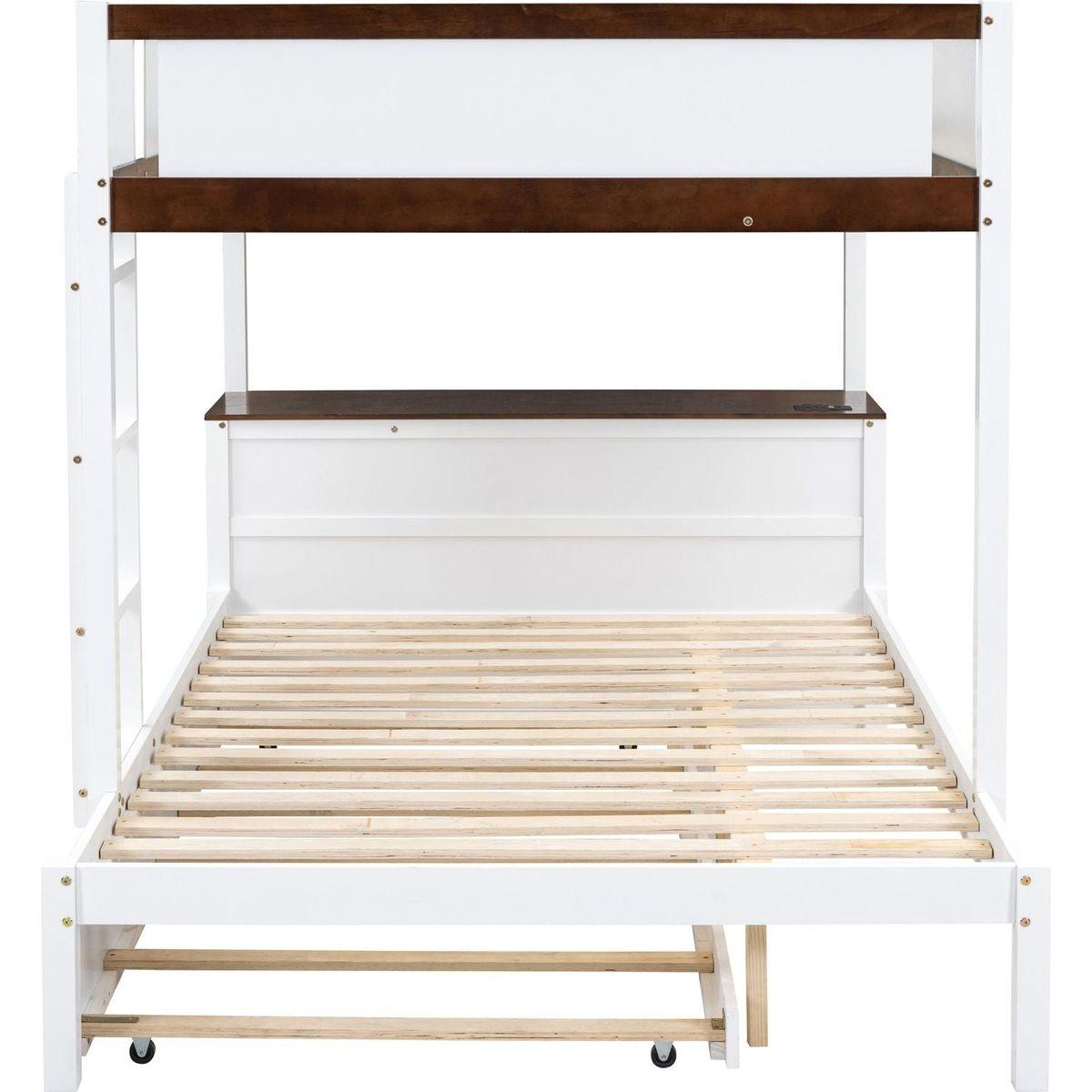 Full-Over-Full Bunk Bed with Twin size Trundle, Storage and Desk, White+Walnut