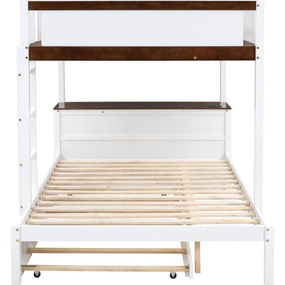 Full-Over-Full Bunk Bed with Twin size Trundle, Storage and Desk, White+Walnut