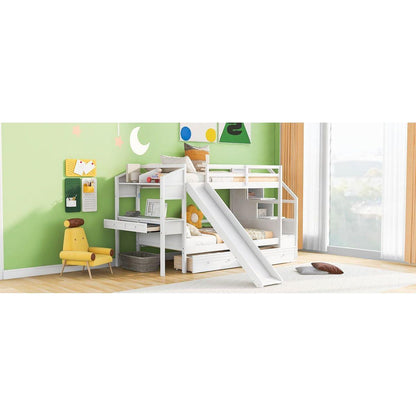 Twin over Twin Bunk Bed with Storage Staircase, Slide and Drawers, Desk with Drawers and Shelves, White
