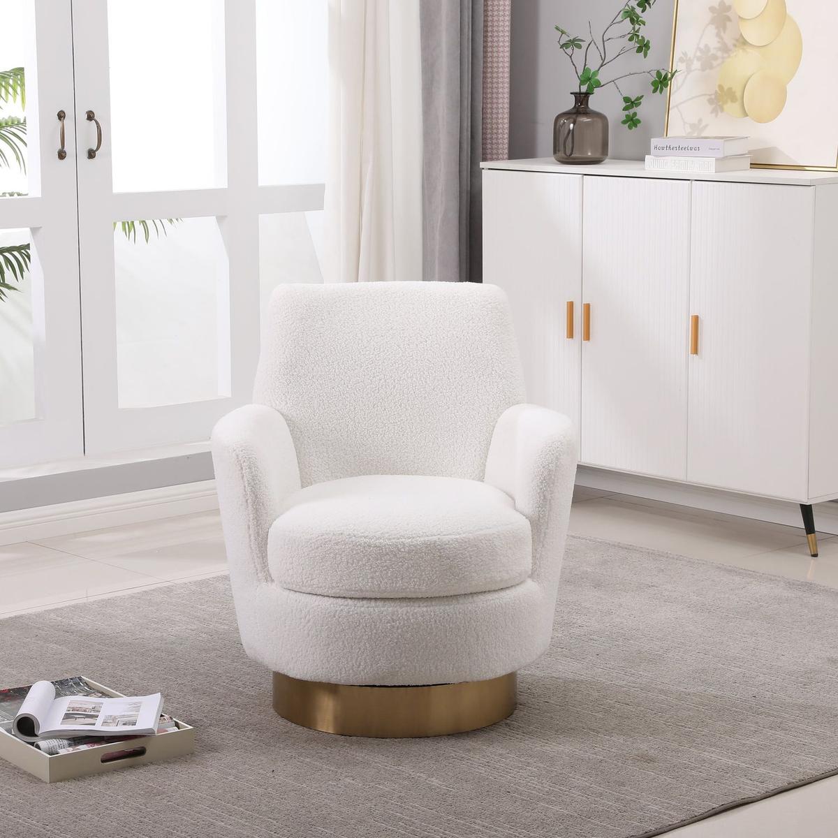 Teddy Swivel Barrel Chair, Swivel Accent Chairs Armchair for Living Room, Reading Chairs for Bedroom Comfy, Round Barrel Chairs with Gold Stainless Steel Base (Ivory)