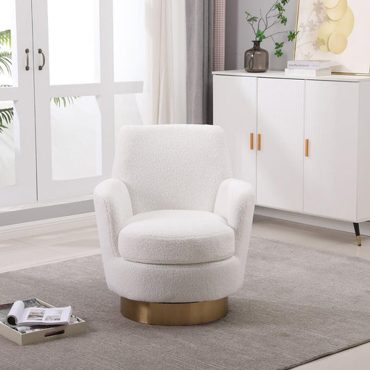 Teddy Swivel Barrel Chair, Swivel Accent Chairs Armchair for Living Room, Reading Chairs for Bedroom Comfy, Round Barrel Chairs with Gold Stainless Steel Base (Ivory)